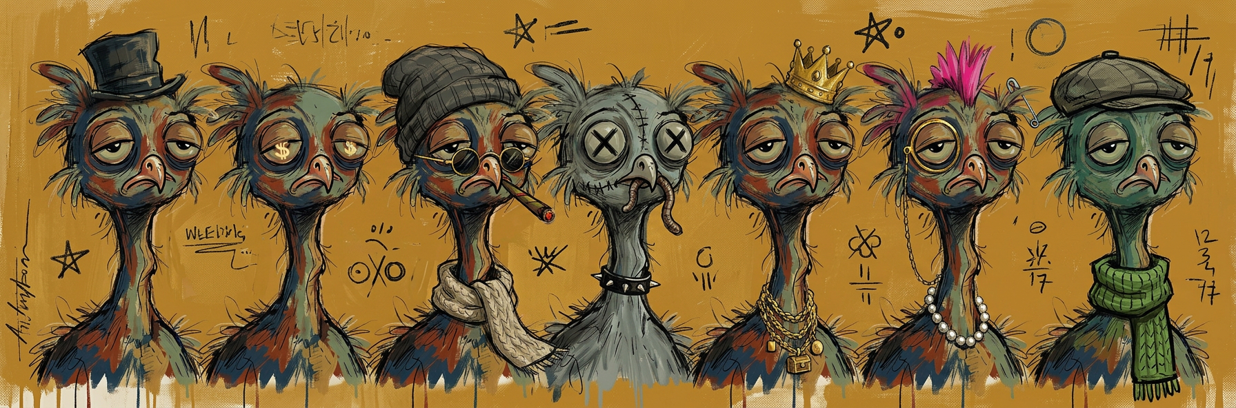 a row of scrawns with different traits